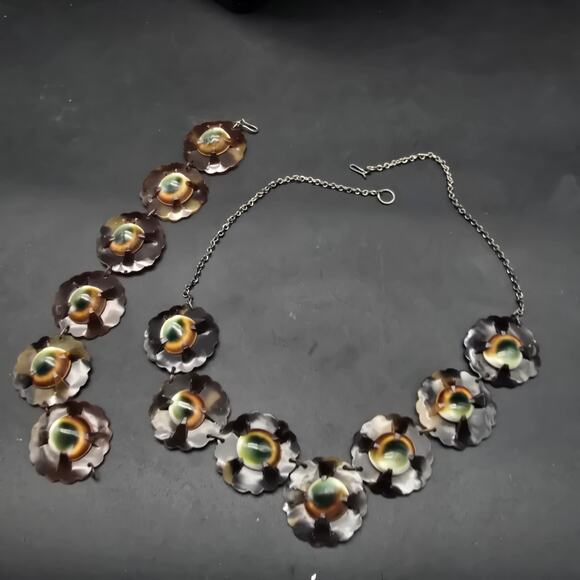 Vintage Operculum Cat Eye Shell Jewelry Set Necklace Bracelet Brown Green - Picture 2 of 12